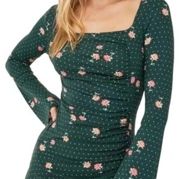 Free People - Fores Green Celia Floral Square Neck Long Sleeve Ruched Mini Dress - Picture 2 of 5
